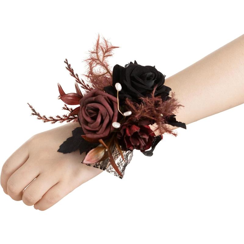 imageLings Moment 6pcs Homecoming Wedding Wrist Corsage Artificial Flowers GirlMother Prom Corsages Wristlet Dcor etc White IvoryBlkblack  Gothic Burgundy