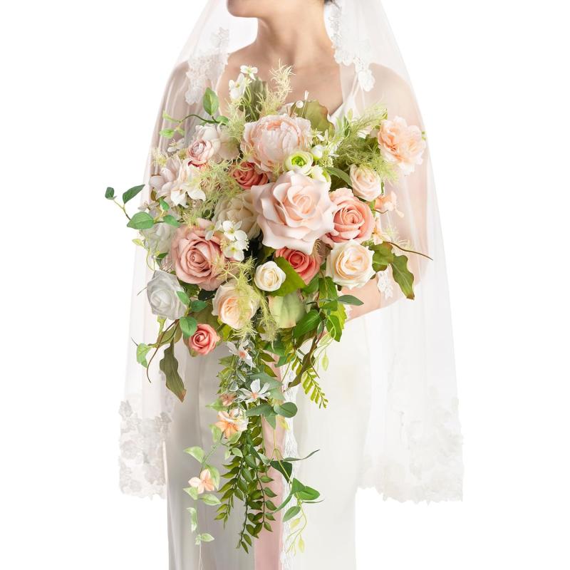 imageLings Moment Pink Bridal Bouquet for Bride Blush Garden Wedding Bouquets for Bride 15 Inch Bride Bouquets for Wedding Artificial Flowers BouquetsBlush Garden