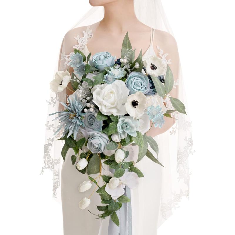 imageLings Moment Pink Bridal Bouquet for Bride Blush Garden Wedding Bouquets for Bride 15 Inch Bride Bouquets for Wedding Artificial Flowers BouquetsDusty Blue