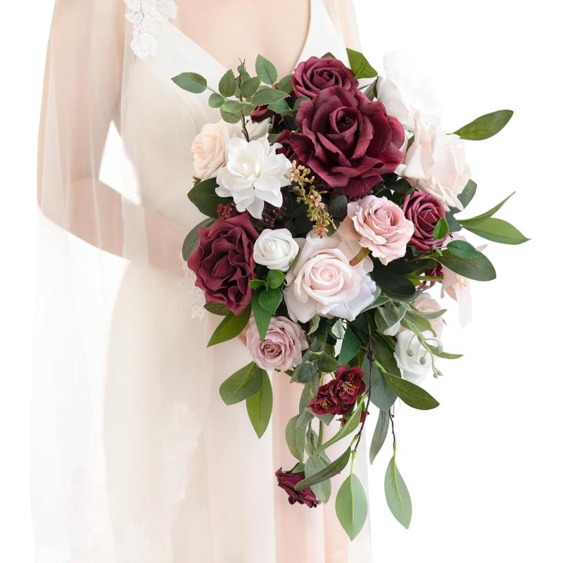 imageLings Moment Pink Bridal Bouquet for Bride Blush Garden Wedding Bouquets for Bride 15 Inch Bride Bouquets for Wedding Artificial Flowers BouquetsFascinating Marsala  Blush