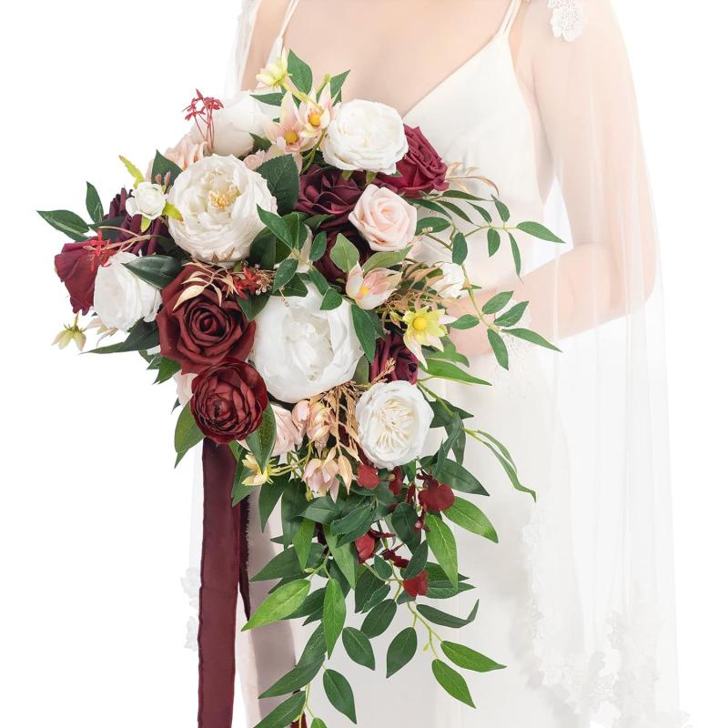 imageLings Moment Pink Bridal Bouquet for Bride Blush Garden Wedding Bouquets for Bride 15 Inch Bride Bouquets for Wedding Artificial Flowers BouquetsMarsala  Blush