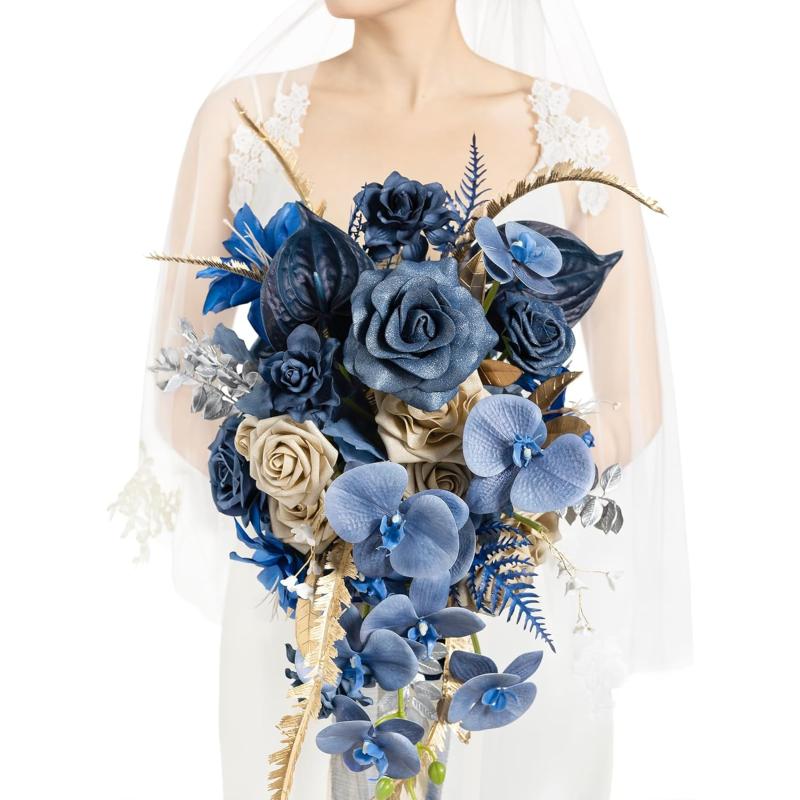 imageLings Moment Pink Bridal Bouquet for Bride Blush Garden Wedding Bouquets for Bride 15 Inch Bride Bouquets for Wedding Artificial Flowers BouquetsRoyal Blue  Gold
