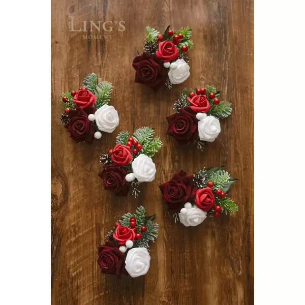 imageLings Moment 6pcs Homecoming Wedding Wrist Corsage Artificial Flowers GirlMother Prom Corsages Wristlet Dcor etc White IvoryRedchristmas  Red Berry