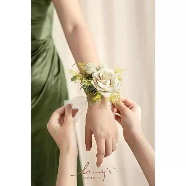 imageLings Moment 6pcs Homecoming Wedding Wrist Corsage Artificial Flowers GirlMother Prom Corsages Wristlet Dcor etc White IvoryWhtemerald Green  Beige