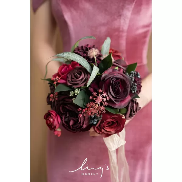 imageLings Moment Artificial Flowers Pink Bridesmaid Bouquet Set of 4 Dusty Rose Wedding Flowers Bouquets for Bridesmaids 7 Inch Bridal Bouquets for Bridesmaids Wedding Ceremony Anniversary etcRedblack Baccara  Burgundy