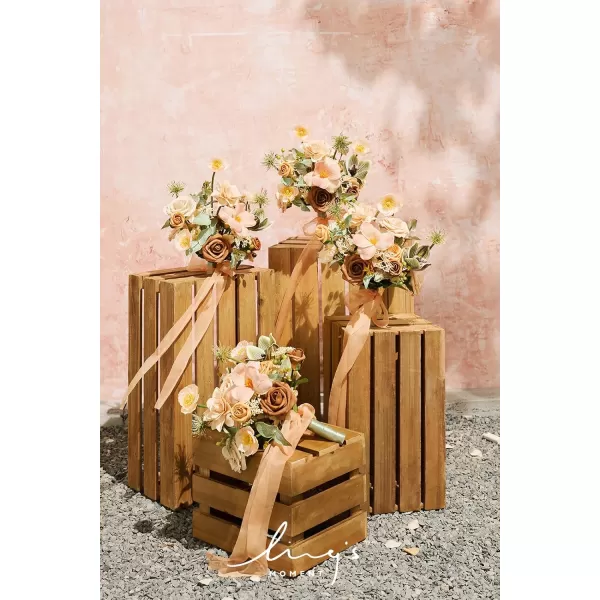 imageLings Moment Artificial Flowers Pink Bridesmaid Bouquet Set of 4 Dusty Rose Wedding Flowers Bouquets for Bridesmaids 7 Inch Bridal Bouquets for Bridesmaids Wedding Ceremony Anniversary etcOryellow Apricot  Peach