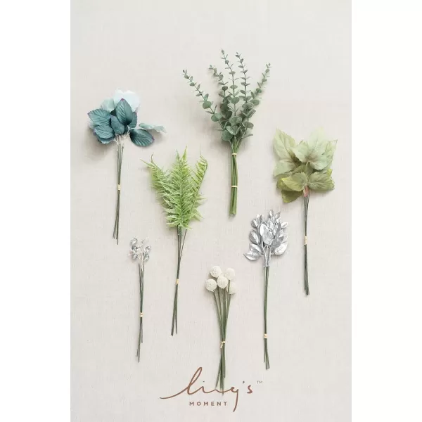 imageLings Moment Artificial Greenery Stems Box Set 28pcs with 7 Kinds of Faux Greenery Picks for DIY Bridal Bouquets Wedding Floral Arrangement Table Centerpieces Brown ampamp BeigeDusty Blue  Navy