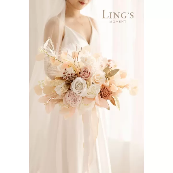 imageLings Moment Peach Wedding Bouquets for Bride Apricot Bridal Bouquets for Bride15 Inch Free Form Artificial Wedding Flower BouquetBeige