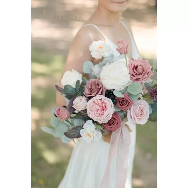 imageLings Moment Peach Wedding Bouquets for Bride Apricot Bridal Bouquets for Bride15 Inch Free Form Artificial Wedding Flower BouquetBelle Dusty Rose