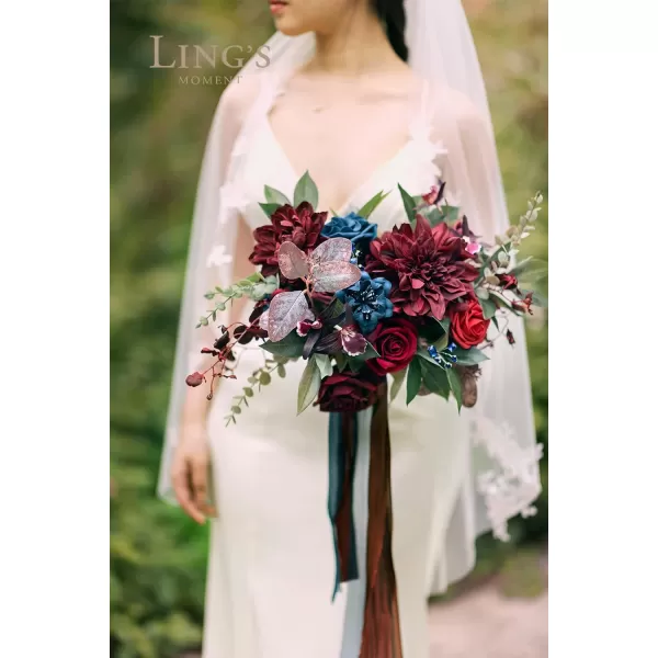 imageLings Moment Peach Wedding Bouquets for Bride Apricot Bridal Bouquets for Bride15 Inch Free Form Artificial Wedding Flower BouquetBurgundy  Navy