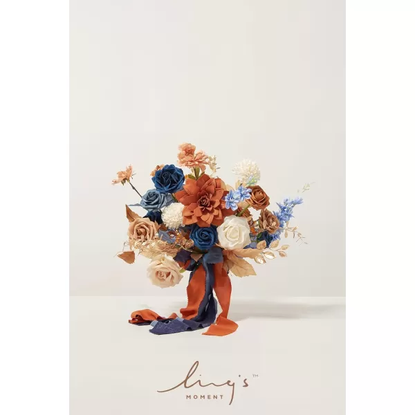 imageLings Moment Peach Wedding Bouquets for Bride Apricot Bridal Bouquets for Bride15 Inch Free Form Artificial Wedding Flower BouquetBurnt Orange  Navy