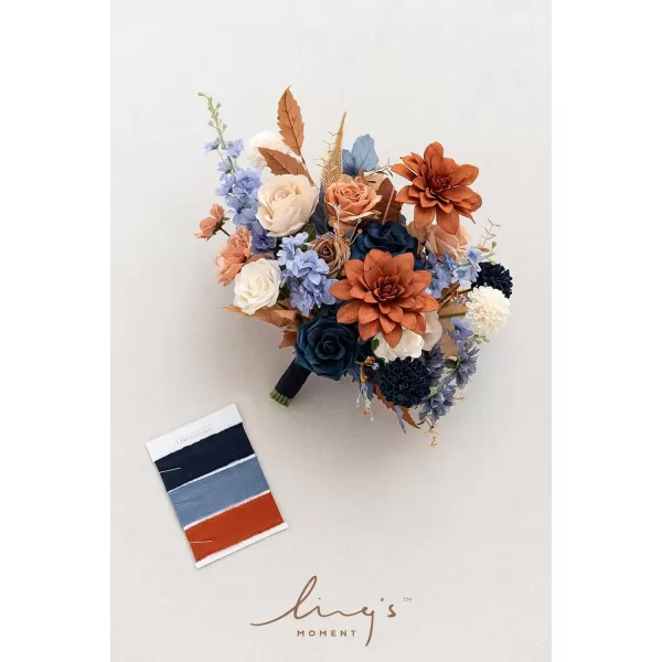 imageLings Moment Peach Wedding Bouquets for Bride Apricot Bridal Bouquets for Bride15 Inch Free Form Artificial Wedding Flower BouquetBurnt Orange  Navy