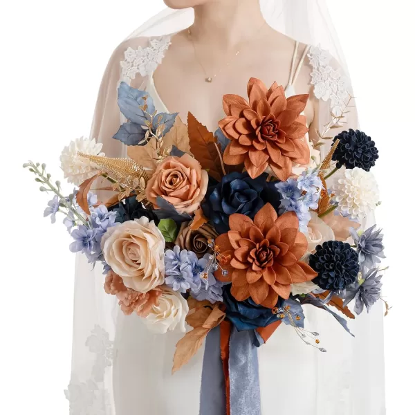 imageLings Moment Peach Wedding Bouquets for Bride Apricot Bridal Bouquets for Bride15 Inch Free Form Artificial Wedding Flower BouquetBurnt Orange  Navy