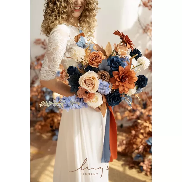 imageLings Moment Peach Wedding Bouquets for Bride Apricot Bridal Bouquets for Bride15 Inch Free Form Artificial Wedding Flower BouquetBurnt Orange  Navy