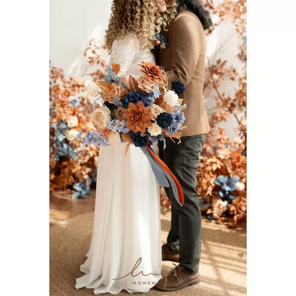 imageLings Moment Peach Wedding Bouquets for Bride Apricot Bridal Bouquets for Bride15 Inch Free Form Artificial Wedding Flower BouquetBurnt Orange  Navy