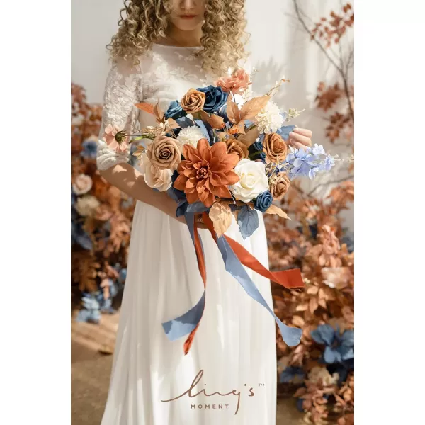 imageLings Moment Peach Wedding Bouquets for Bride Apricot Bridal Bouquets for Bride15 Inch Free Form Artificial Wedding Flower BouquetBurnt Orange  Navy