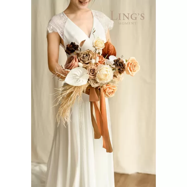 imageLings Moment Peach Wedding Bouquets for Bride Apricot Bridal Bouquets for Bride15 Inch Free Form Artificial Wedding Flower BouquetDesert Terracotta