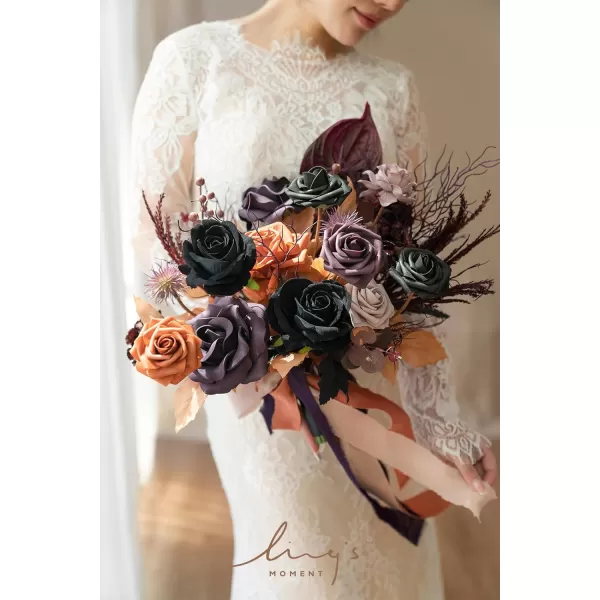 imageLings Moment Peach Wedding Bouquets for Bride Apricot Bridal Bouquets for Bride15 Inch Free Form Artificial Wedding Flower BouquetEvil Purple