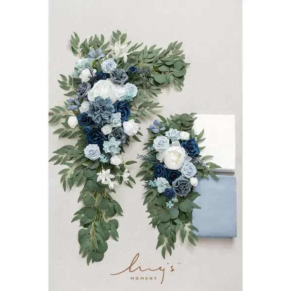 imageLings Moment Artificial Wedding Arch Flowers Kit Pack of 4 2pcs Hanging Flower Arrangement 2pcs Chiffon Drapes Ceremony Reception Fake Rose Arbor Backdrop White Sage Green Floral Party Outdoor DecorDusty Blue  Navy