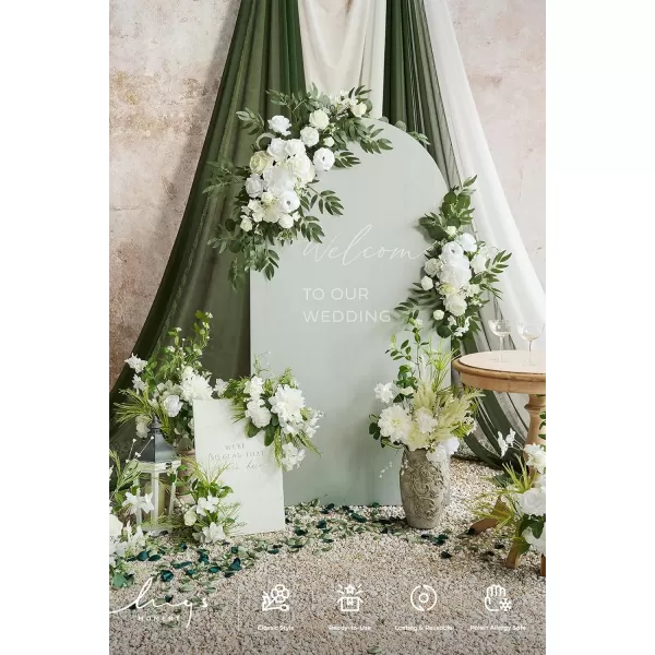 imageLings Moment Artificial Wedding Arch Flowers Kit Pack of 4 2pcs Hanging Flower Arrangement 2pcs Chiffon Drapes Ceremony Reception Fake Rose Arbor Backdrop White Sage Green Floral Party Outdoor DecorWhite  Sage