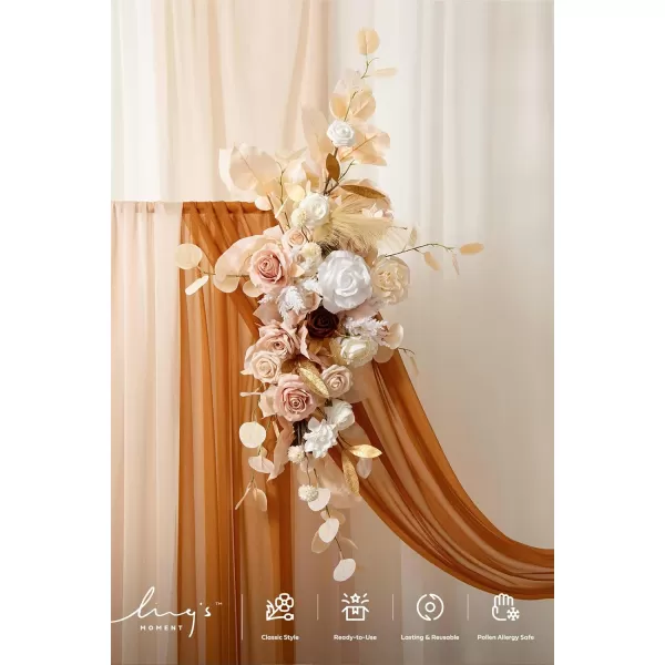 imageLings Moment Artificial Wedding Arch Flowers Kit Pack of 4 2pcs Hanging Flower Arrangement 2pcs Chiffon Drapes Ceremony Reception Fake Rose Arbor Backdrop White Sage Green Floral Party Outdoor DecorWhite  Beige  Gold