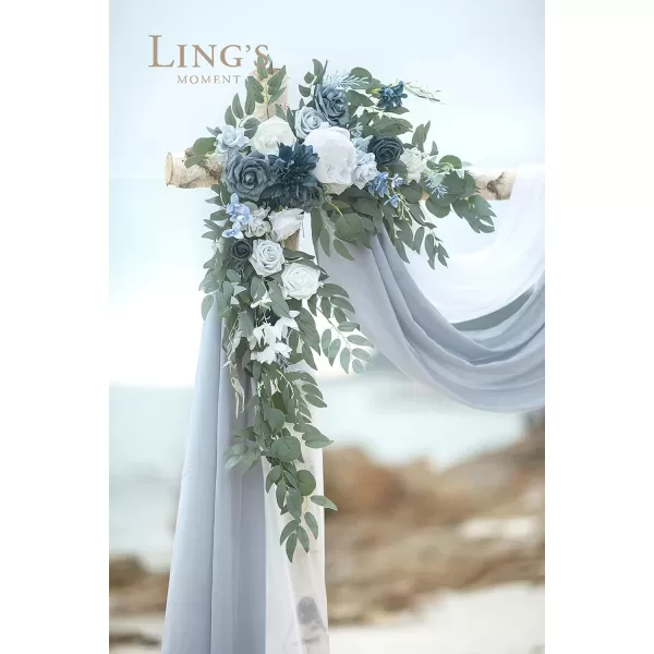 imageLings Moment Artificial Wedding Arch Flowers Kit Pack of 4 2pcs Hanging Flower Arrangement 2pcs Chiffon Drapes Ceremony Reception Fake Rose Arbor Backdrop White Sage Green Floral Party Outdoor DecorDusty Blue  Navy