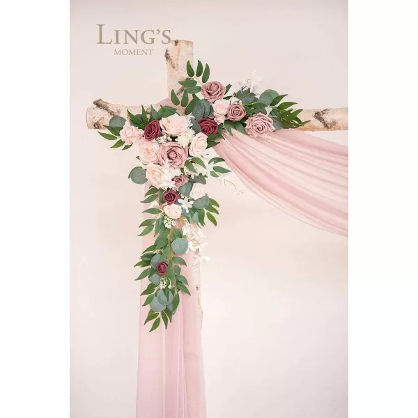 imageLings Moment Artificial Wedding Arch Flowers Kit Pack of 4 2pcs Hanging Flower Arrangement 2pcs Chiffon Drapes Ceremony Reception Fake Rose Arbor Backdrop White Sage Green Floral Party Outdoor DecorDusty Rose  Cream