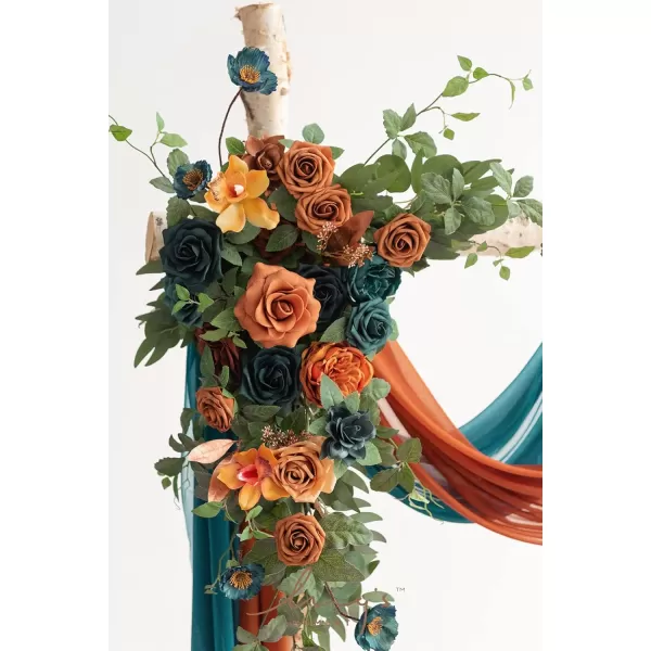 imageLings Moment Artificial Wedding Arch Flowers Kit Pack of 4 2pcs Hanging Flower Arrangement 2pcs Chiffon Drapes Ceremony Reception Fake Rose Arbor Backdrop White Sage Green Floral Party Outdoor DecorDark Teal  Burnt Orange