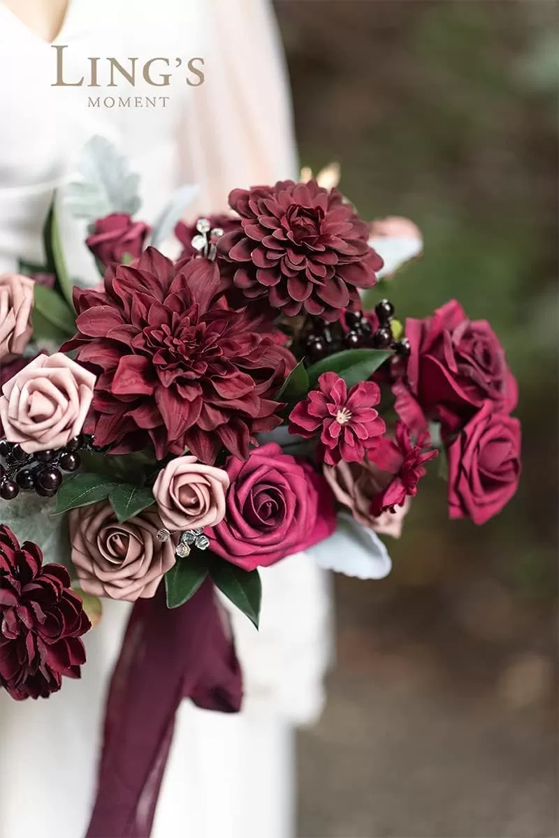 imageLings Moment Artificial Flowers 9pcs Silk Dahlia 55quot45quot Fake Flowers for DIY Wedding Craft Bouquets Centerpieces Arrangements Party Baby Shower Home Decorations Sunset TerracottaBurgundysilk