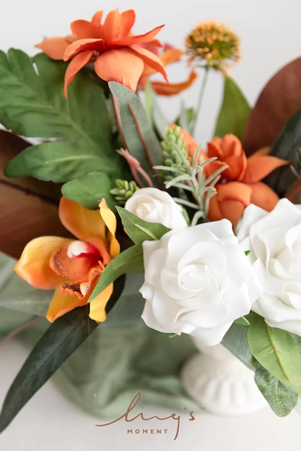 imageLings Moment Orange Clay ampamp Olive Green Artificial Flowers with Vase Wedding Decor Centerpiece Flower Potted for Ceremony Reception Tabletop Desk Flowers Mantel Archway Aisle Set of 2Orange Clay  Olive Green
