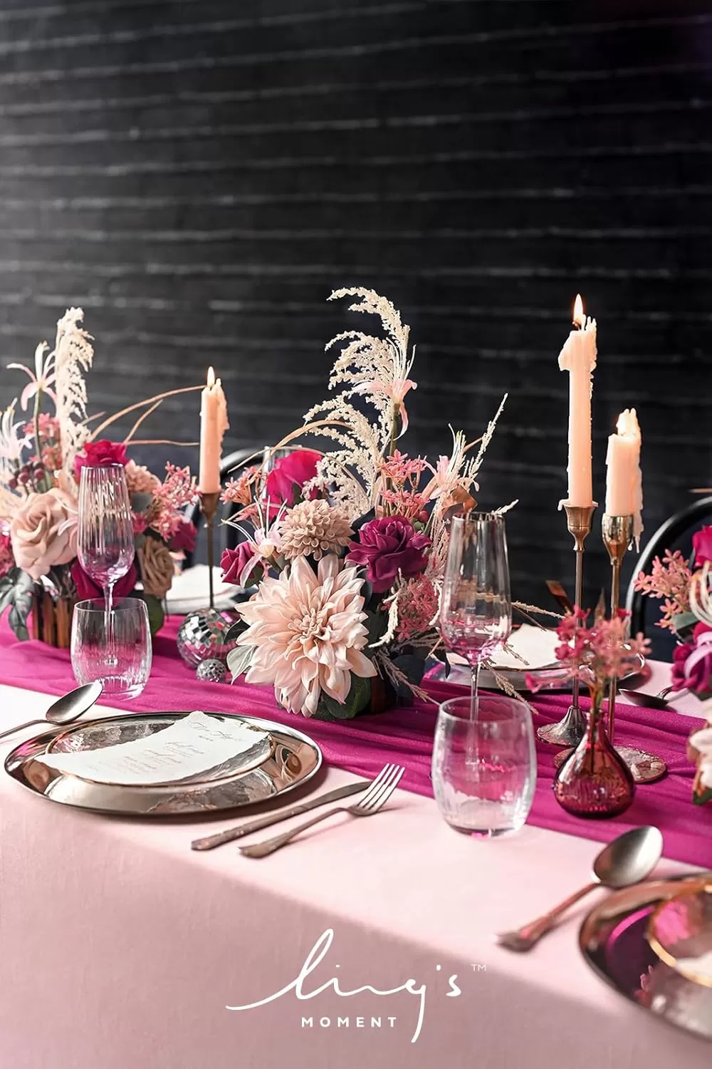 imageLings Moment Orange Clay ampamp Olive Green Artificial Flowers with Vase Wedding Decor Centerpiece Flower Potted for Ceremony Reception Tabletop Desk Flowers Mantel Archway Aisle Set of 2Magenta