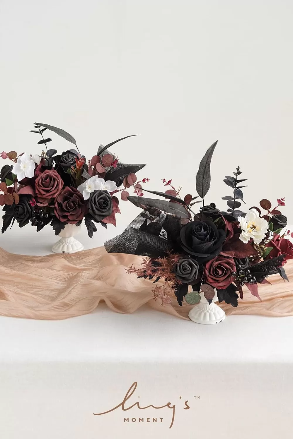 imageLings Moment Orange Clay ampamp Olive Green Artificial Flowers with Vase Wedding Decor Centerpiece Flower Potted for Ceremony Reception Tabletop Desk Flowers Mantel Archway Aisle Set of 2Black  Burgundy