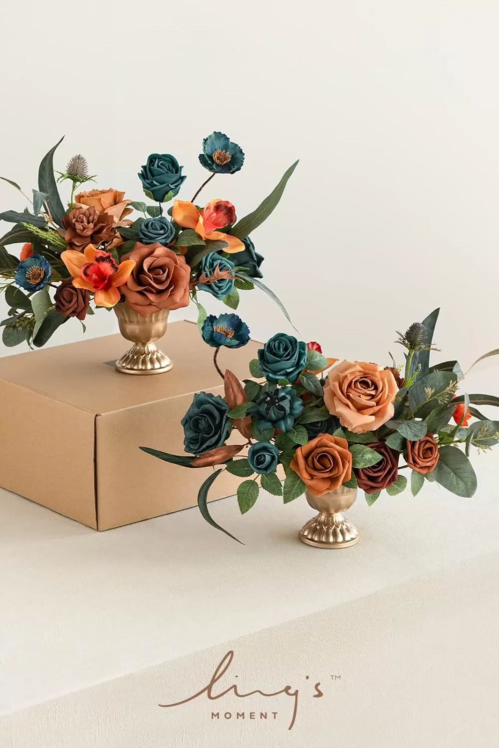 imageLings Moment Orange Clay ampamp Olive Green Artificial Flowers with Vase Wedding Decor Centerpiece Flower Potted for Ceremony Reception Tabletop Desk Flowers Mantel Archway Aisle Set of 2Dark Teal  Burnt Orange