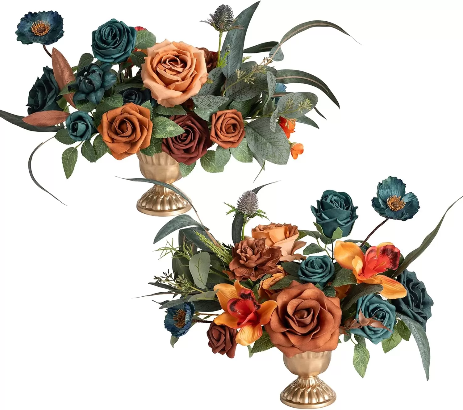 imageLings Moment Orange Clay ampamp Olive Green Artificial Flowers with Vase Wedding Decor Centerpiece Flower Potted for Ceremony Reception Tabletop Desk Flowers Mantel Archway Aisle Set of 2Dark Teal  Burnt Orange