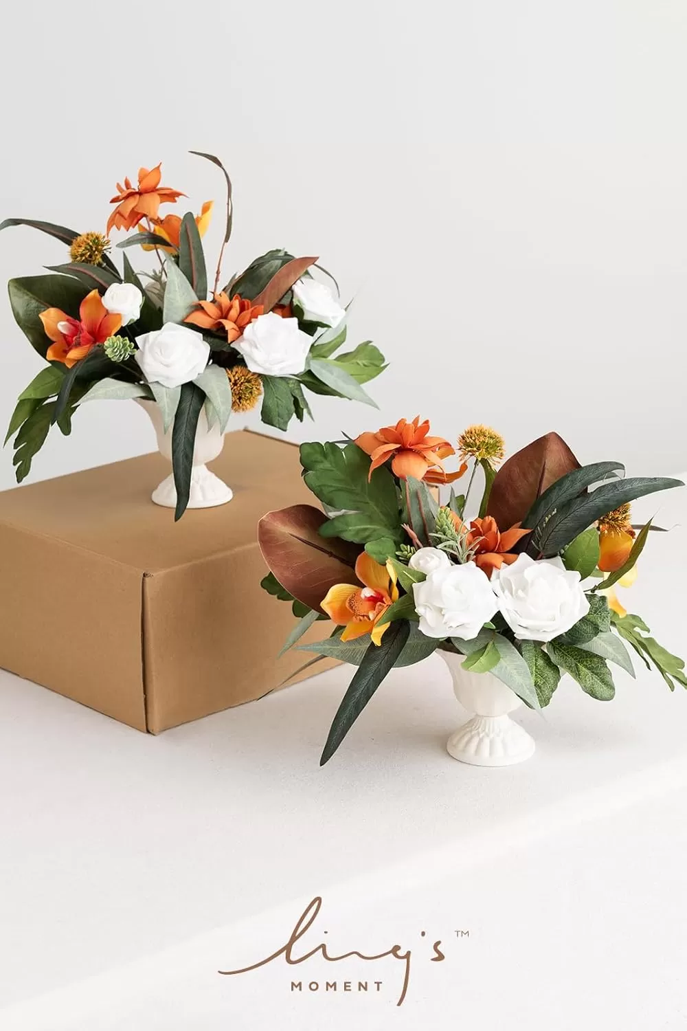 imageLings Moment Orange Clay ampamp Olive Green Artificial Flowers with Vase Wedding Decor Centerpiece Flower Potted for Ceremony Reception Tabletop Desk Flowers Mantel Archway Aisle Set of 2Orange Clay  Olive Green