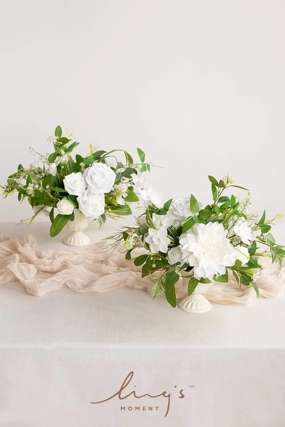 imageLings Moment Orange Clay ampamp Olive Green Artificial Flowers with Vase Wedding Decor Centerpiece Flower Potted for Ceremony Reception Tabletop Desk Flowers Mantel Archway Aisle Set of 2Green  White
