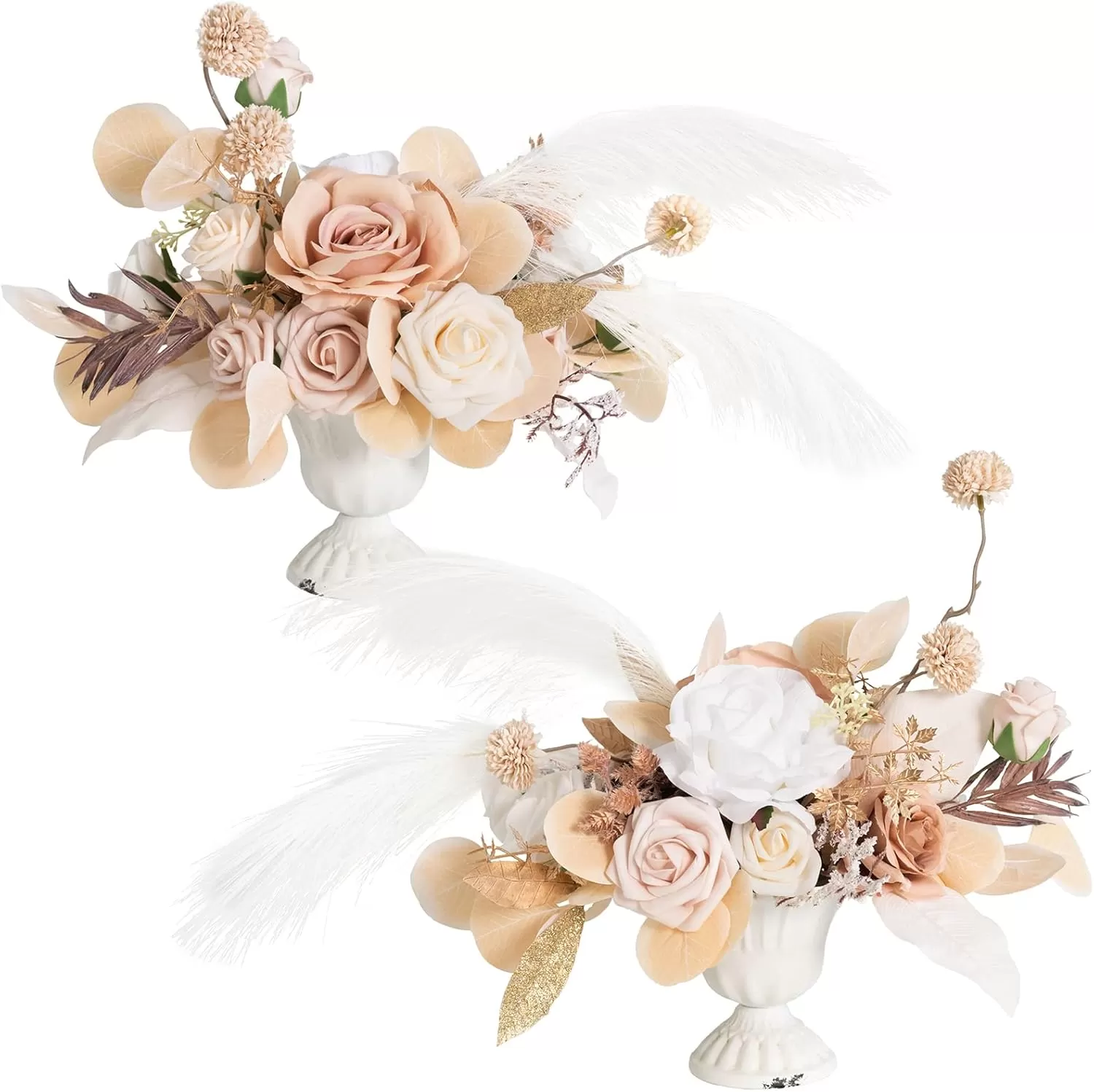 imageLings Moment Orange Clay ampamp Olive Green Artificial Flowers with Vase Wedding Decor Centerpiece Flower Potted for Ceremony Reception Tabletop Desk Flowers Mantel Archway Aisle Set of 2White Beige