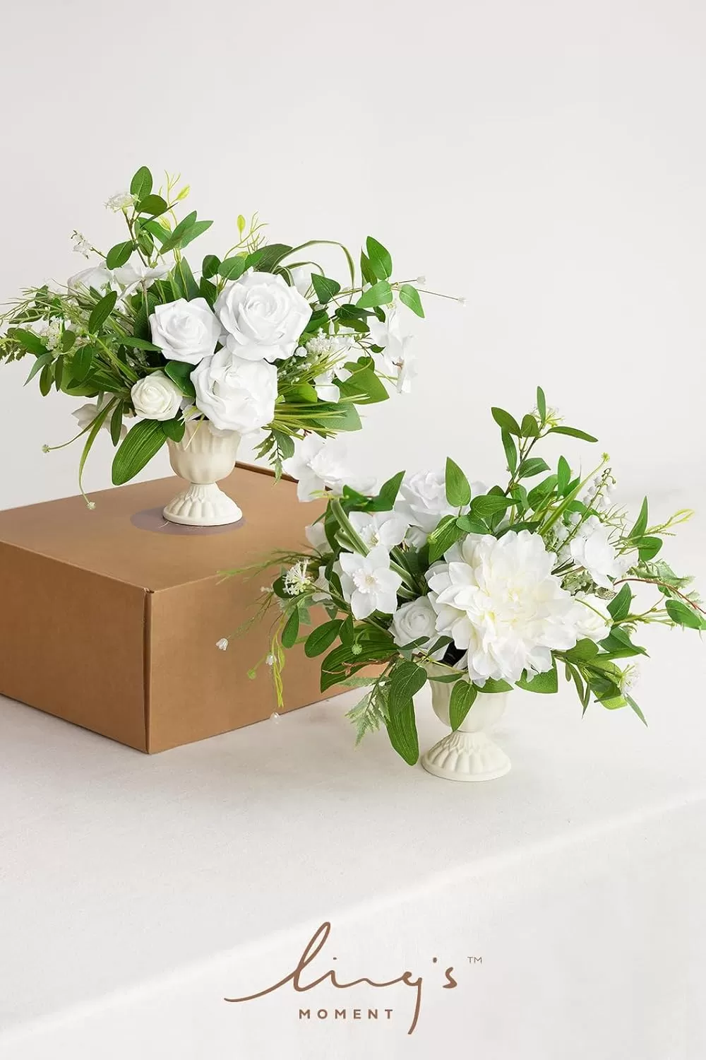 imageLings Moment Orange Clay ampamp Olive Green Artificial Flowers with Vase Wedding Decor Centerpiece Flower Potted for Ceremony Reception Tabletop Desk Flowers Mantel Archway Aisle Set of 2Green  White