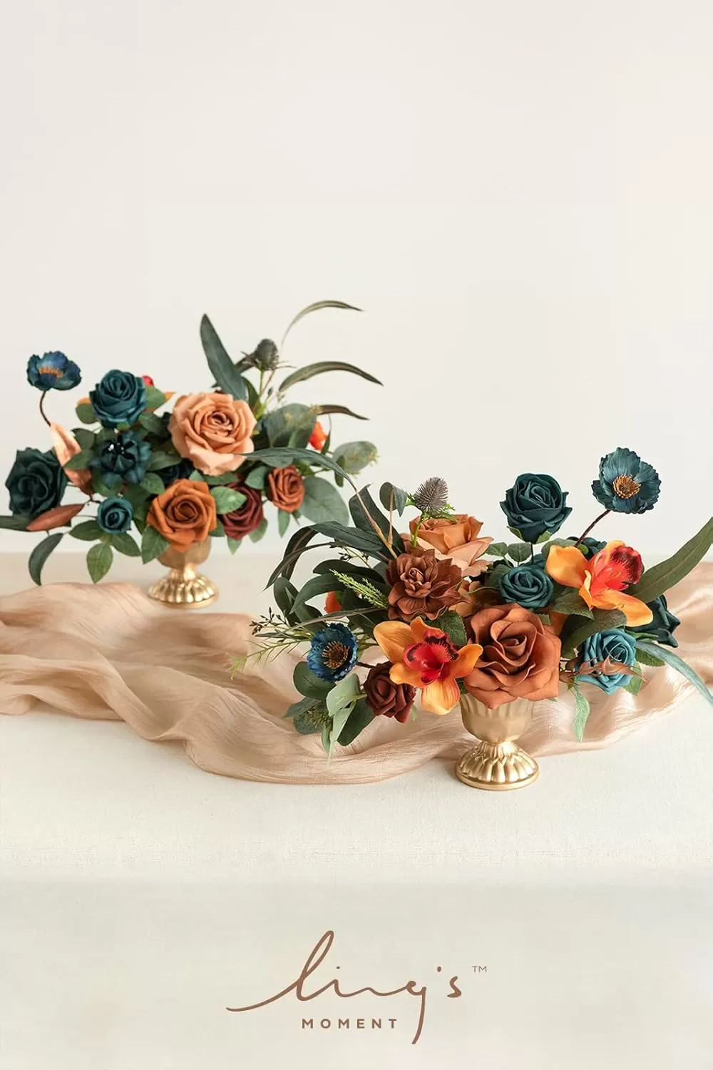 imageLings Moment Orange Clay ampamp Olive Green Artificial Flowers with Vase Wedding Decor Centerpiece Flower Potted for Ceremony Reception Tabletop Desk Flowers Mantel Archway Aisle Set of 2Dark Teal  Burnt Orange
