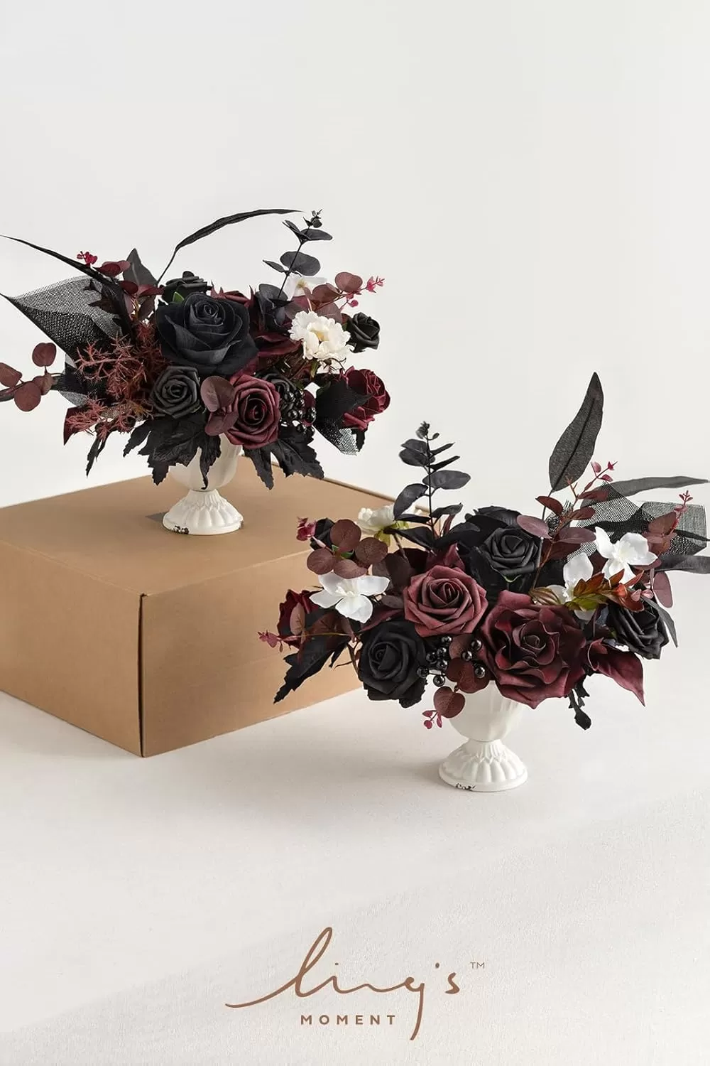 imageLings Moment Orange Clay ampamp Olive Green Artificial Flowers with Vase Wedding Decor Centerpiece Flower Potted for Ceremony Reception Tabletop Desk Flowers Mantel Archway Aisle Set of 2Black  Burgundy