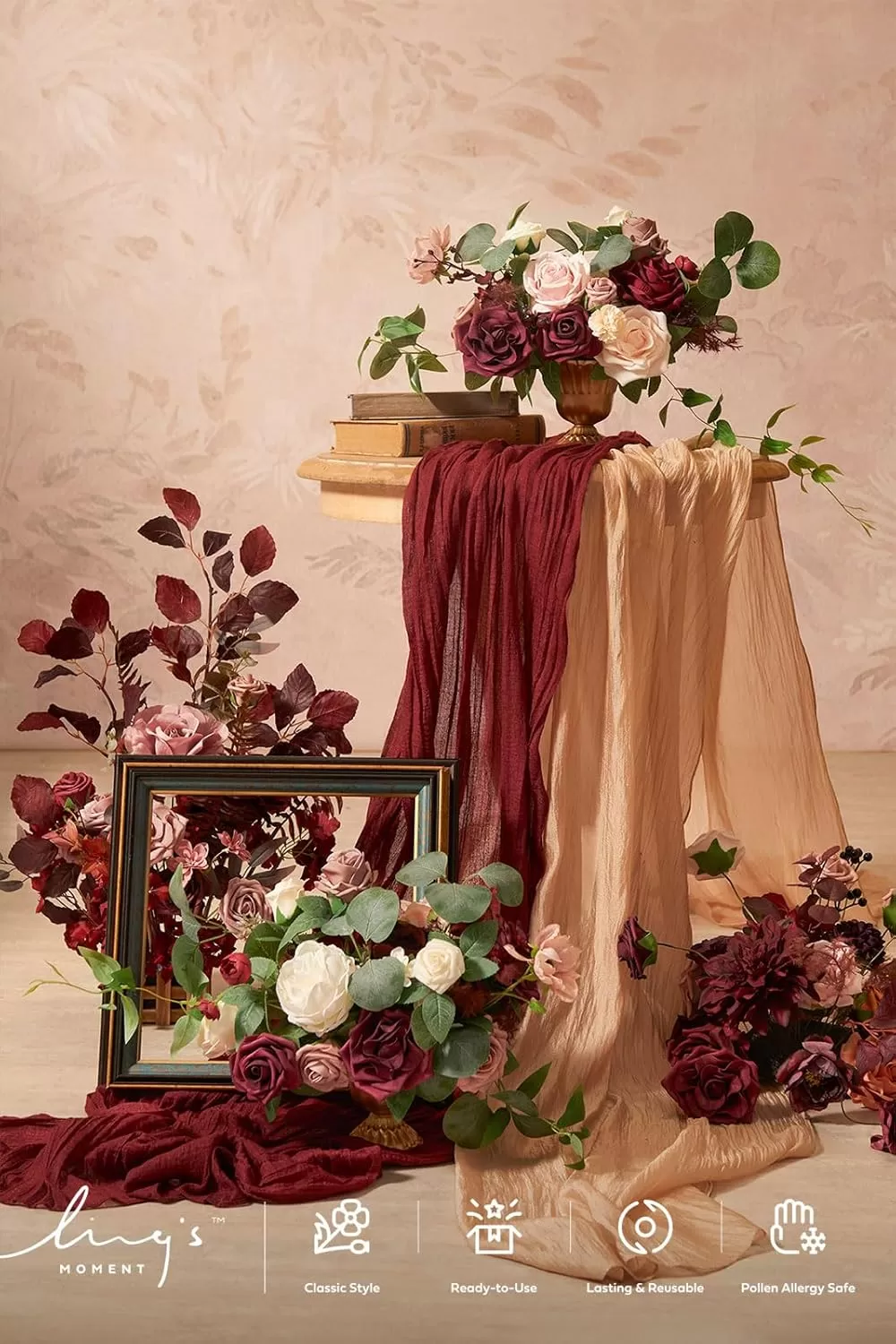 imageLings Moment Orange Clay ampamp Olive Green Artificial Flowers with Vase Wedding Decor Centerpiece Flower Potted for Ceremony Reception Tabletop Desk Flowers Mantel Archway Aisle Set of 2Romantic Marsala