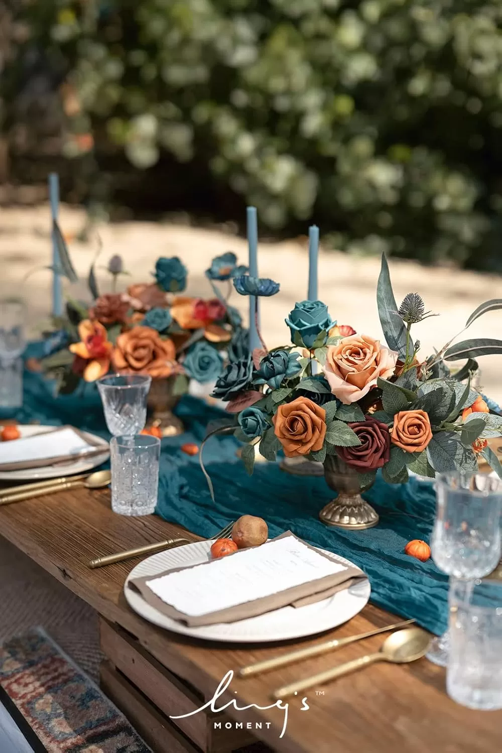 imageLings Moment Orange Clay ampamp Olive Green Artificial Flowers with Vase Wedding Decor Centerpiece Flower Potted for Ceremony Reception Tabletop Desk Flowers Mantel Archway Aisle Set of 2Dark Teal  Burnt Orange