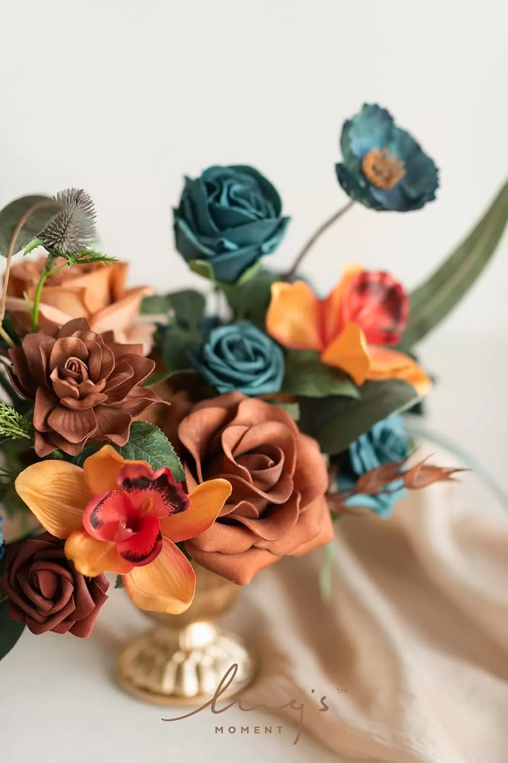 imageLings Moment Orange Clay ampamp Olive Green Artificial Flowers with Vase Wedding Decor Centerpiece Flower Potted for Ceremony Reception Tabletop Desk Flowers Mantel Archway Aisle Set of 2Dark Teal  Burnt Orange