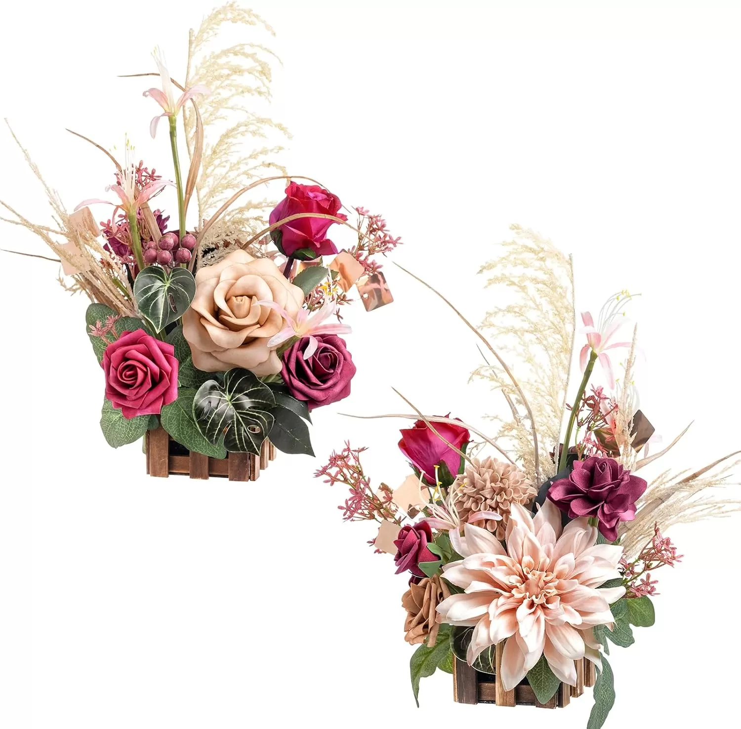 imageLings Moment Orange Clay ampamp Olive Green Artificial Flowers with Vase Wedding Decor Centerpiece Flower Potted for Ceremony Reception Tabletop Desk Flowers Mantel Archway Aisle Set of 2Magenta