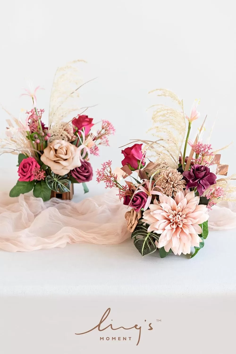 imageLings Moment Orange Clay ampamp Olive Green Artificial Flowers with Vase Wedding Decor Centerpiece Flower Potted for Ceremony Reception Tabletop Desk Flowers Mantel Archway Aisle Set of 2Magenta