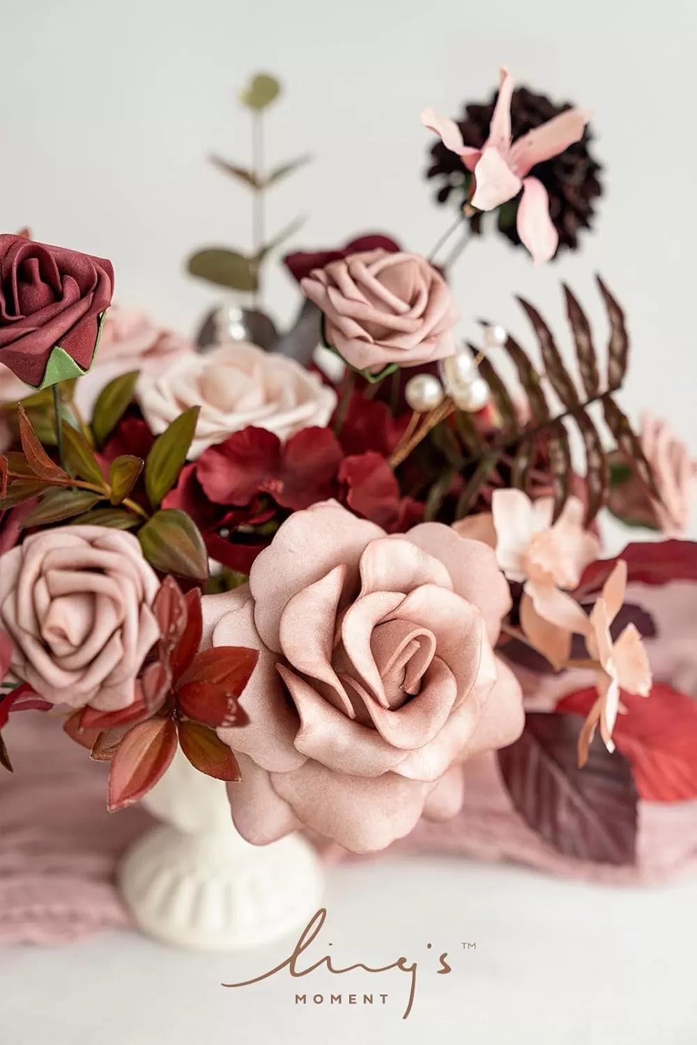 imageLings Moment Orange Clay ampamp Olive Green Artificial Flowers with Vase Wedding Decor Centerpiece Flower Potted for Ceremony Reception Tabletop Desk Flowers Mantel Archway Aisle Set of 2Burgundy  Dusty Rose
