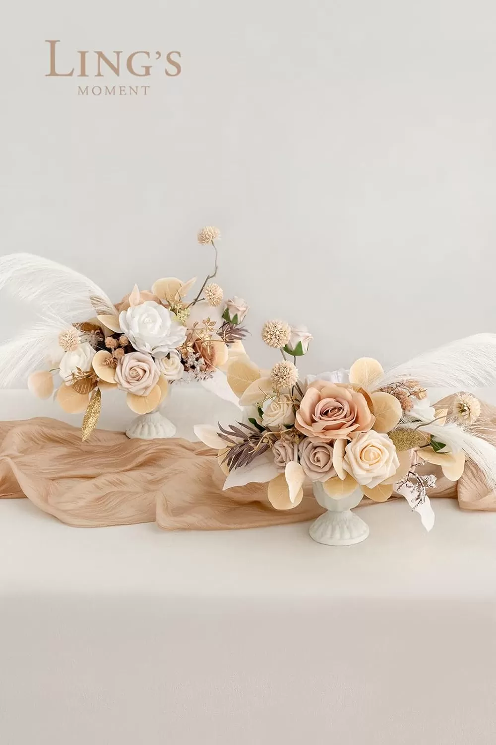 imageLings Moment Orange Clay ampamp Olive Green Artificial Flowers with Vase Wedding Decor Centerpiece Flower Potted for Ceremony Reception Tabletop Desk Flowers Mantel Archway Aisle Set of 2White Beige