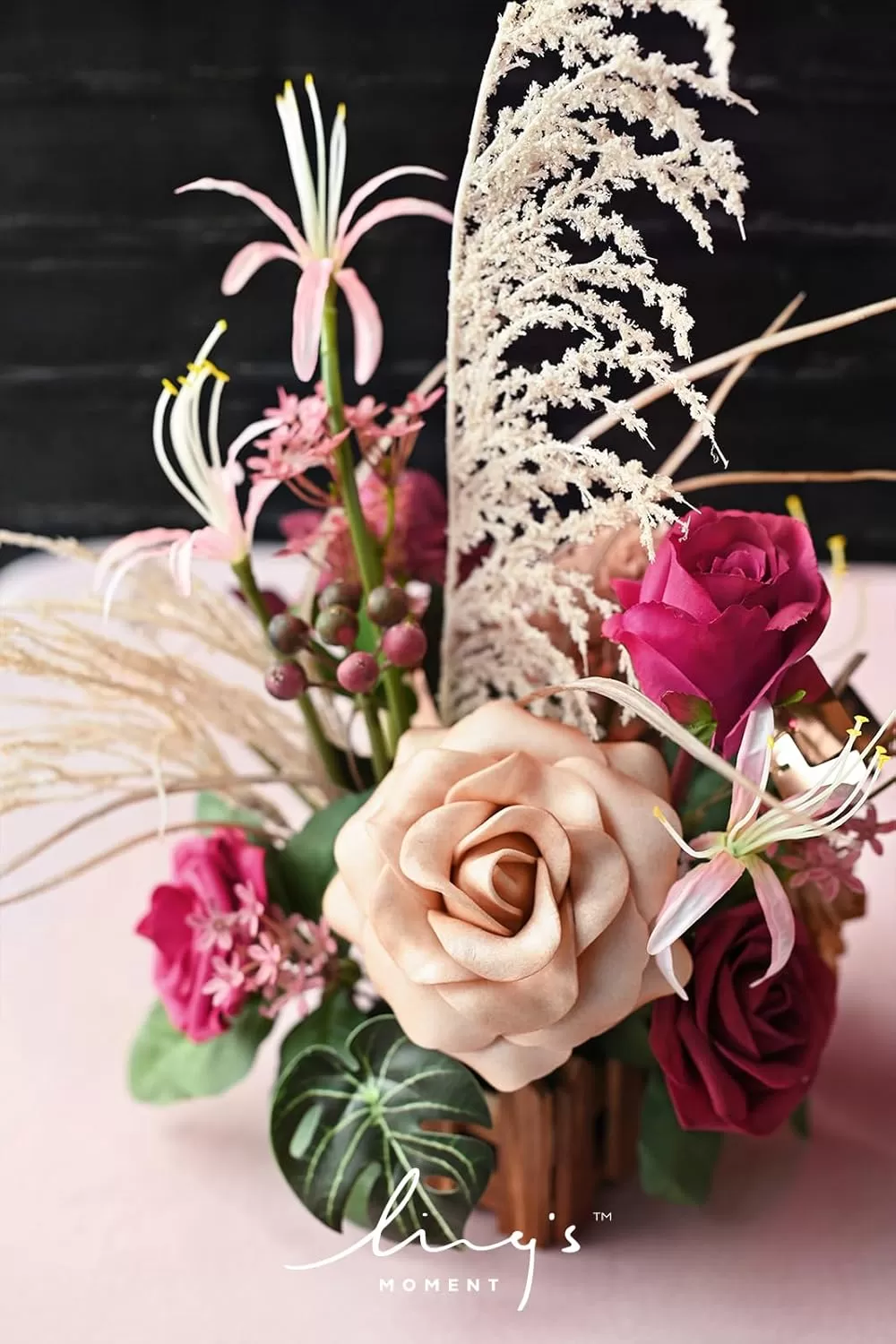 imageLings Moment Orange Clay ampamp Olive Green Artificial Flowers with Vase Wedding Decor Centerpiece Flower Potted for Ceremony Reception Tabletop Desk Flowers Mantel Archway Aisle Set of 2Magenta