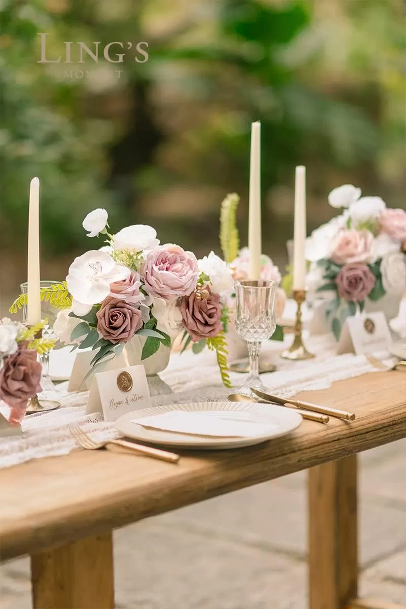 imageLings Moment Orange Clay ampamp Olive Green Artificial Flowers with Vase Wedding Decor Centerpiece Flower Potted for Ceremony Reception Tabletop Desk Flowers Mantel Archway Aisle Set of 2Dusty Rose