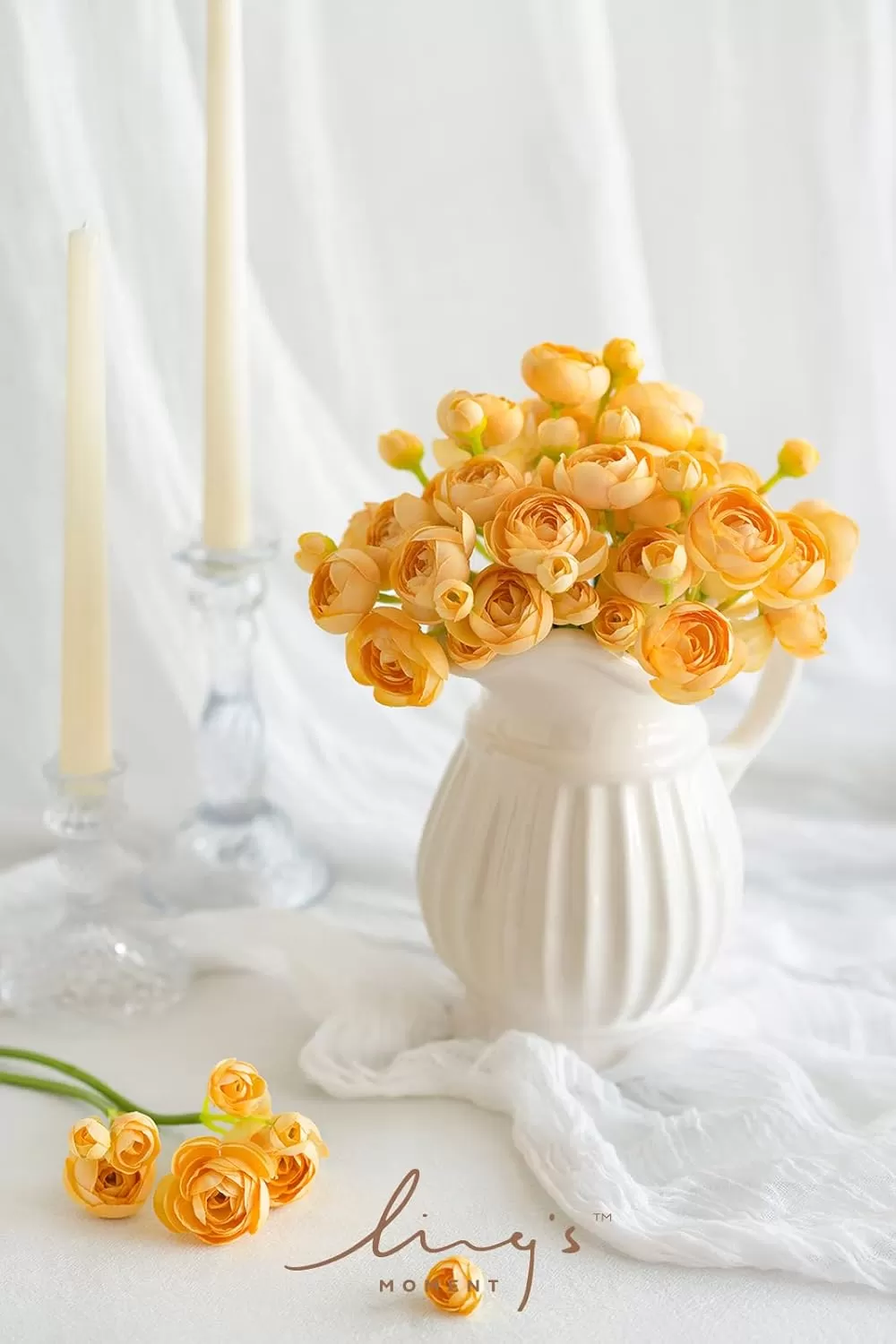 imageLings Moment Ranunculus Artificial Flower Faux Silk Mini Ranunculus Flowers for DIY Bouquet Bulk Fake Wedding Filler Flowers for Centerpieces Arrangements Bridal Shower Decorations Citrus OrangeFrench Yellow